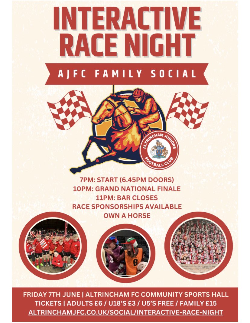End of season social for the juniors … first one EVER!! Come and support &amp; join the fun! A great family night to be enjoyed by all .. easy link: altrinchamjfc.co.uk/news
<a href="/altrinchamfc/">Altrincham FC</a> <a href="/AFC_Comm_Sports/">Altrincham FC Community Sports</a> <a href="/robinsyouth/">Altrincham FC Academy</a> <a href="/altyfc_d/">Alty FC Development</a>