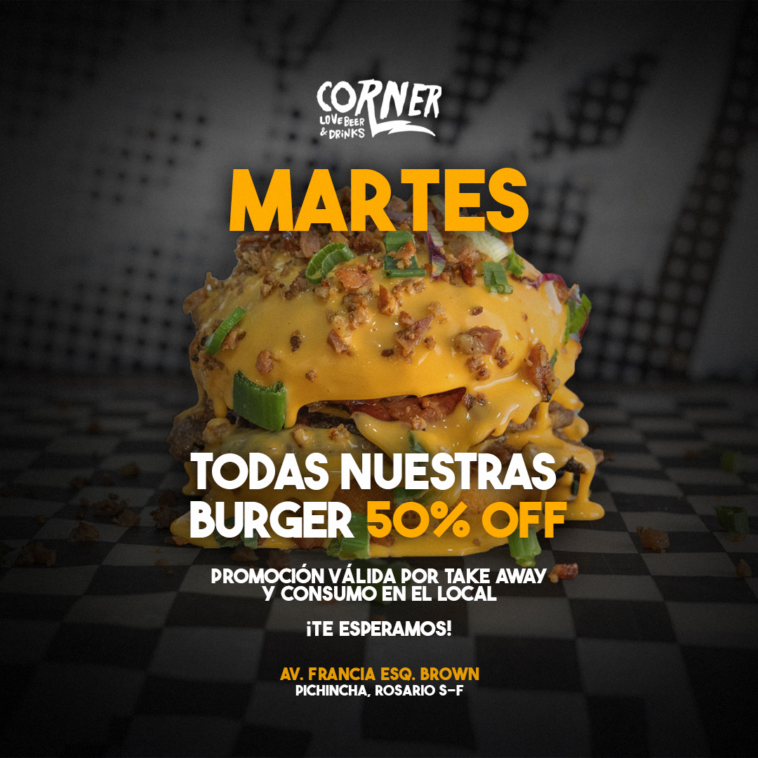 Amigos: una promo para aprovechar ahora que cada peso cuenta y todos miramos precios. En CORNER PICHINCHA todos los martes están todas las hamburguesas al 50% off. Válido para take away y consumo en el local. Francia y Brown.

PD: prueben la Rucucú con roquefort, rúcula y nueces