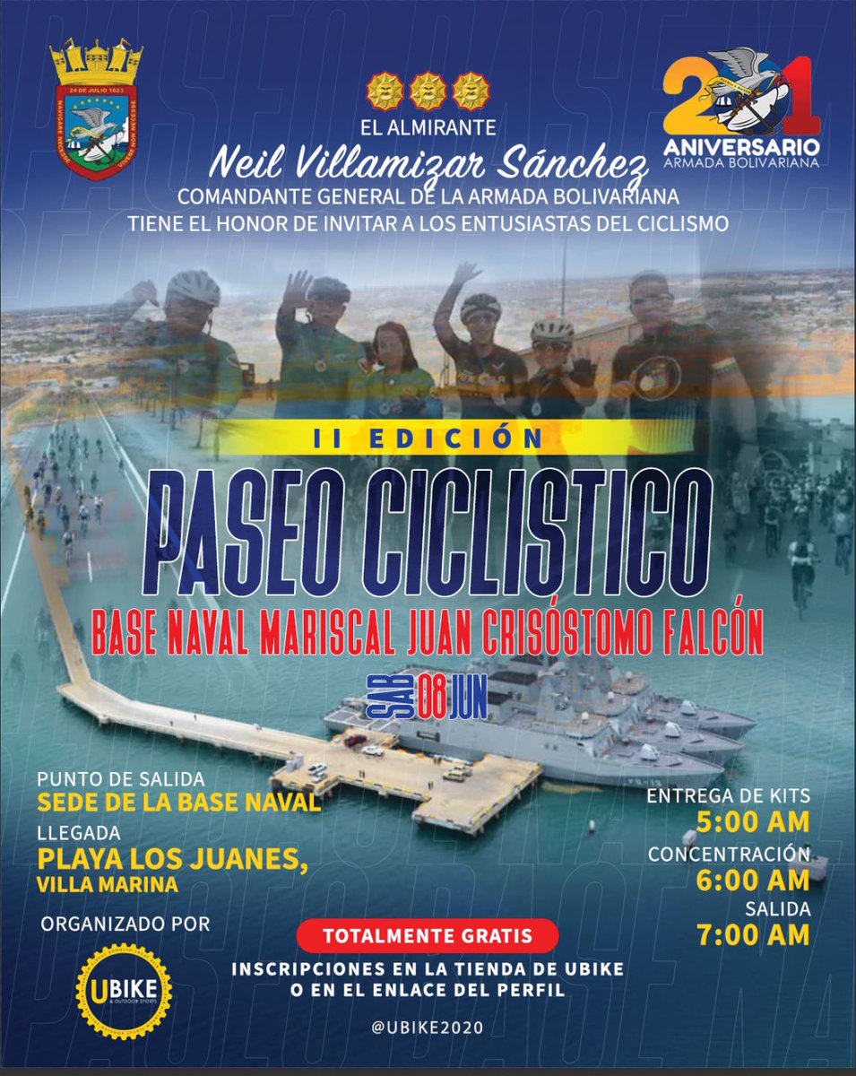 📢#Atencion // La @ArmadaFANBVzla te invita al Paseo Ciclístico en su II Edición en la Base Naval 'Mariscal Juan Crisóstomo Falcón', el sábado 8️⃣ de junio, en conmemoración al 201° aniv de la Batalla Naval del Lago de Maracaibo y Día de la Armada Bolivariana. Te Esperamos ‼️