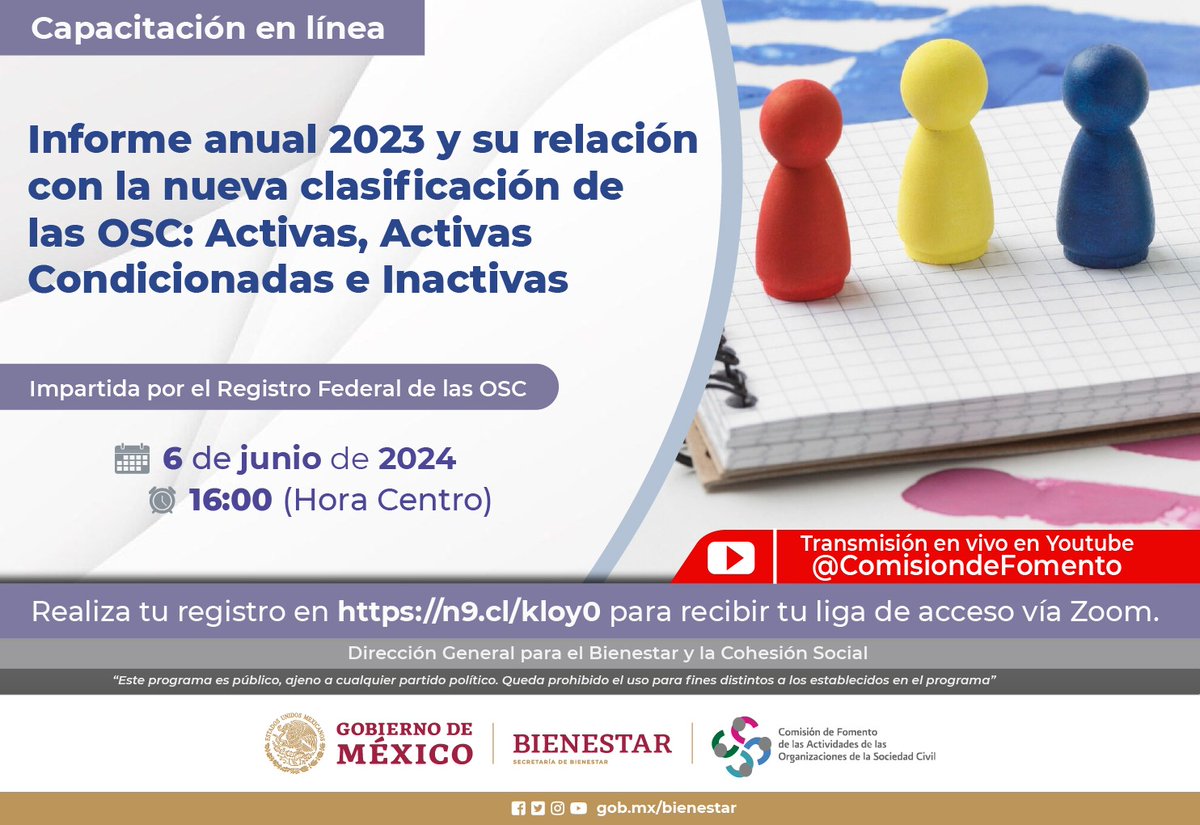 ComisionFomento's tweet photo. No te pierdas la capacitación en líneq par las OSC donde abordaremos el tema de organizaciones sociales activas e inactivas. Coordina #RFOSC @bienestarmx @SEGOB_mx @SRE_mx @Hacienda_Mexico
📅6 de junio de 2024⏰16:00 horas centro
Lee más👇 https://t.co/MSYJSbOnRg