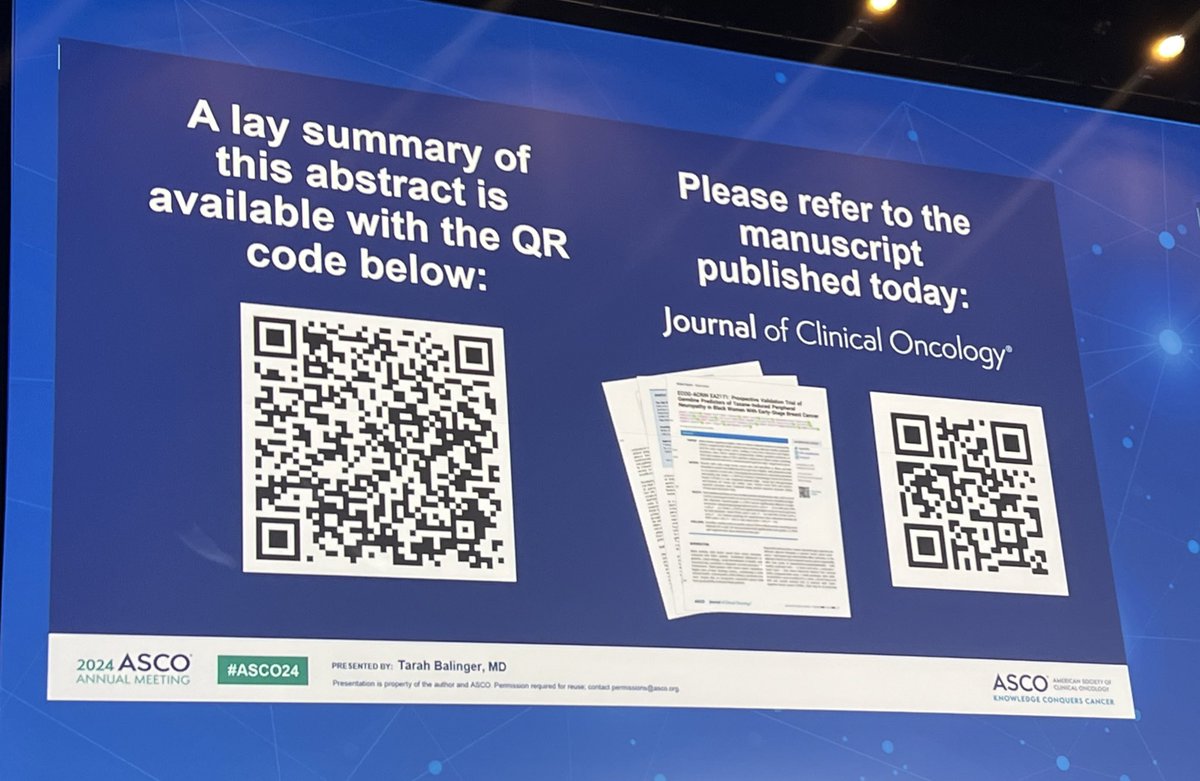 🚨Docetaxel chemotherapy causes less peripheral neuropathy than paclitaxel chemotherapy for Black people with early-stage breast cancer

Read the lay summary, read the manuscript. So important. #ASCO24 #CIPN <a href="/TarahBallinger/">Tarah Ballinger, MD</a> <a href="/OncoAlert/">OncoAlert</a>