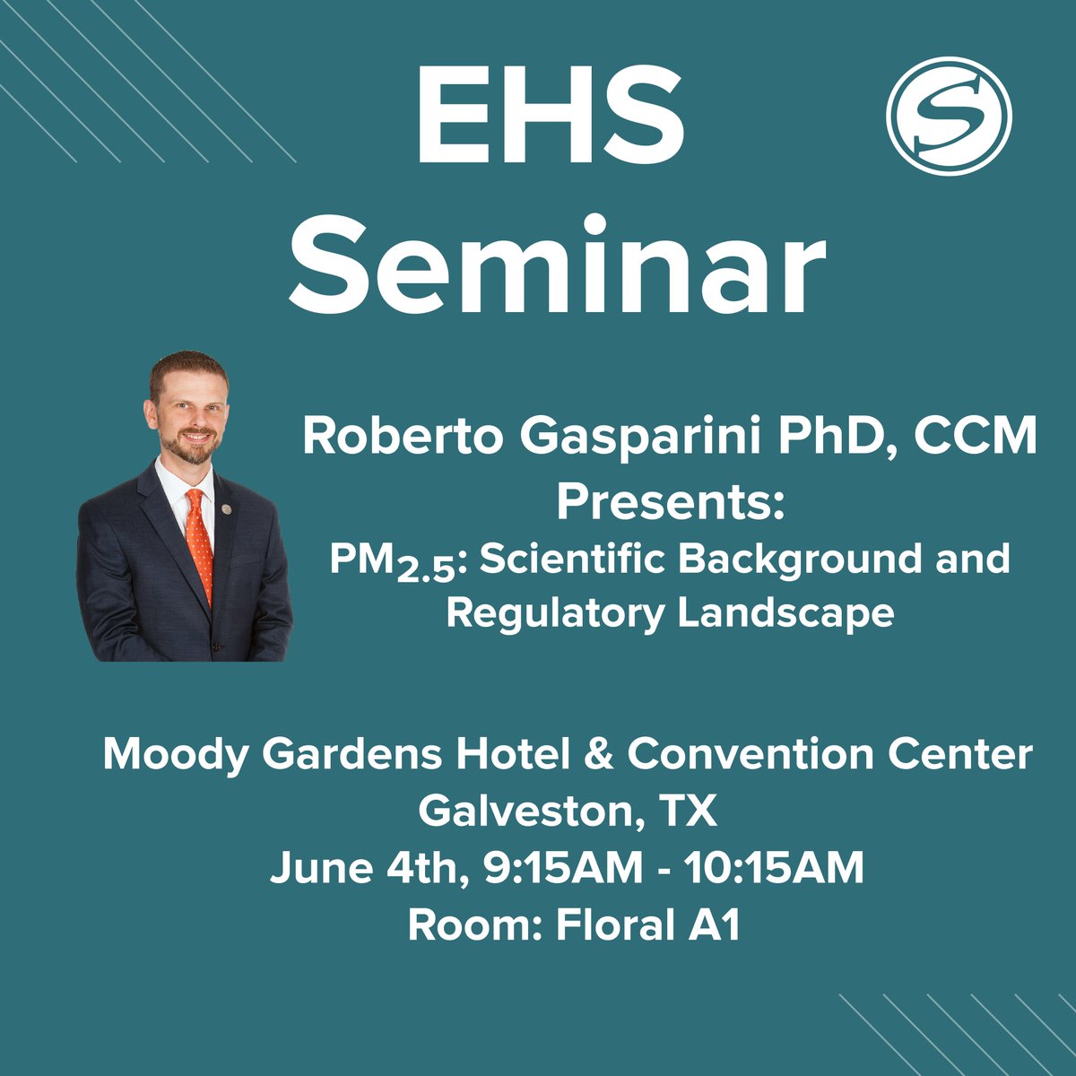 SpiritEnv's tweet photo. Come see Roberto Gasparini, PhD, CCM at the TCC/LCA EHS Seminar this week in Galveston! Roberto is returning to his roots, speaking on particulate matter, including the science behind PM2.5 and the current state of air quality.
#EnvironmentalConsultants #AirQuality #Texas https://t.co/gyOel9Q072