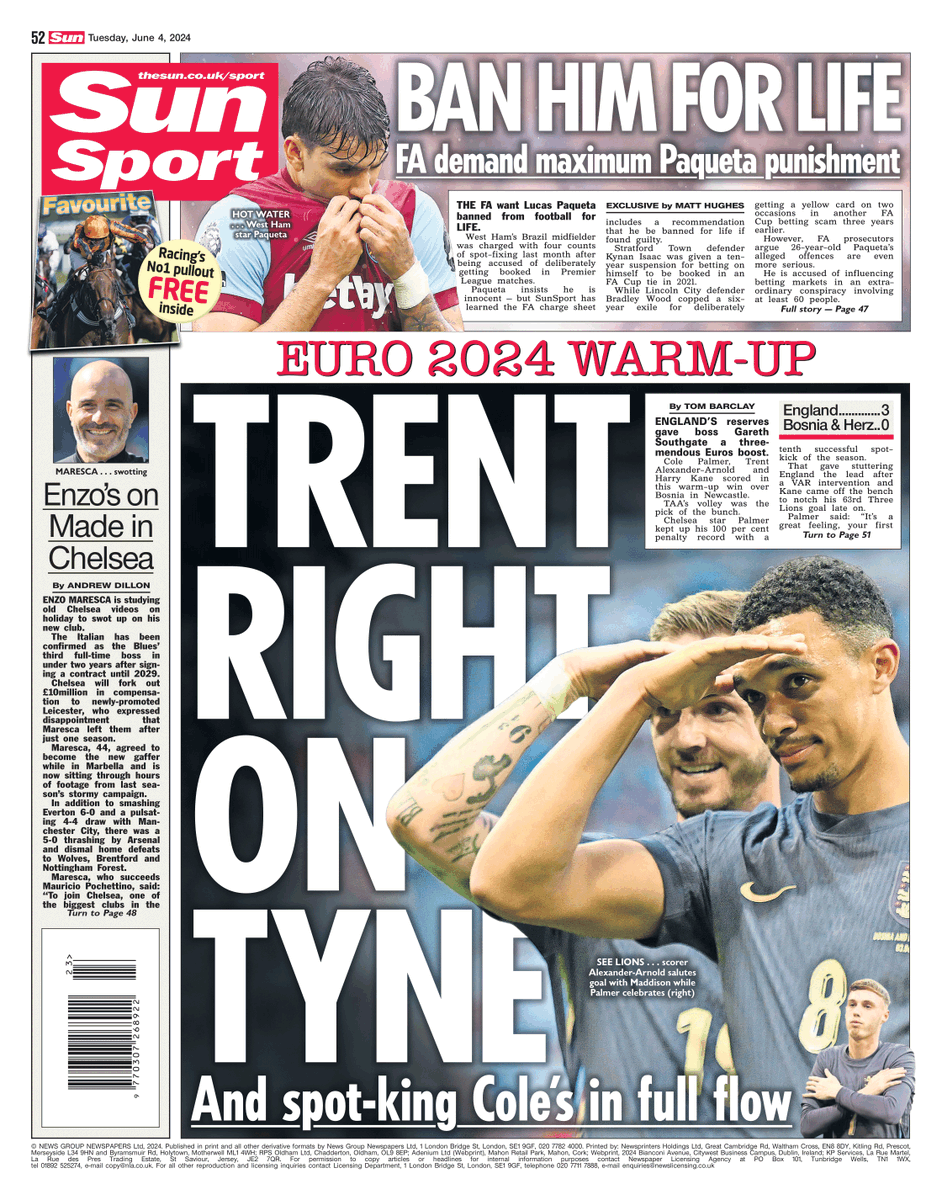 Tomorrow's back page: TRENT RIGHT ON TYNE England's reserves give Gareth Southgate a three-mendous Euro's boost as Trent Alexander-Arnold scores screamer against Bosnia.