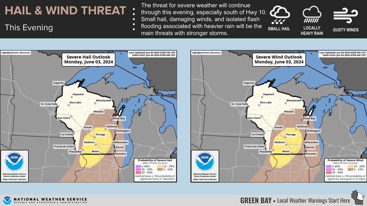 NWSGreenBay's tweet photo. [6/3/24] 4:20pm
⚠️ The threat for severe weather is expected to continue through this evening, with the best potential for strong to severe storms south of Hwy 10. Small hail, damaging wind, &amp; isolated flash flooding with heavier rainfall will be the main threats.
#wiwx https://t.co/hSqfkGdwDV