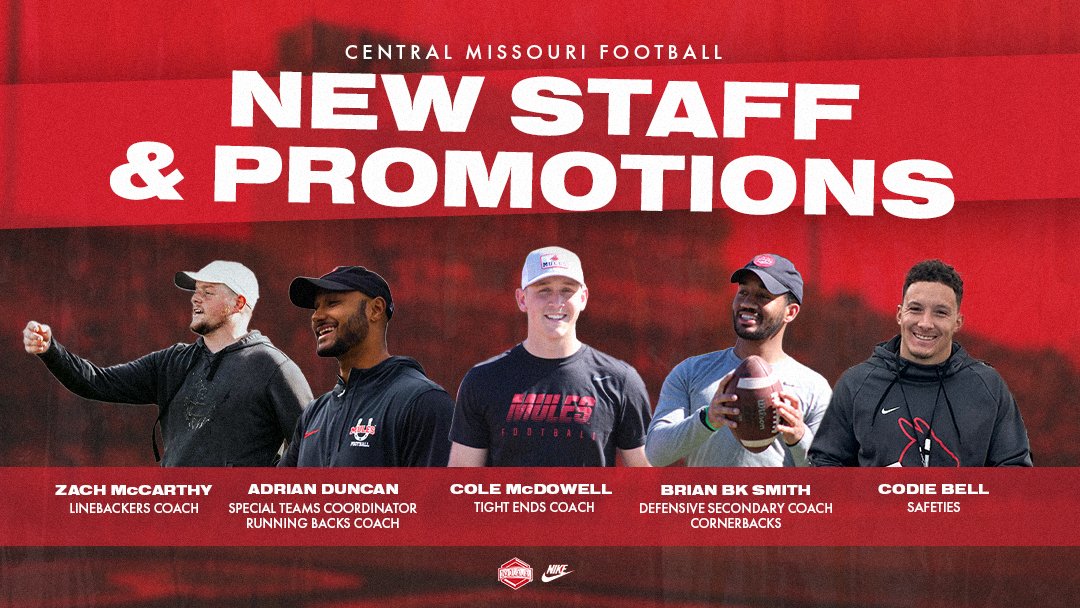 Mules Football (@ucmfootballteam) on Twitter photo .<a href="/JoshLamberson/">Coach Lambo</a> adds new coaches to the Mules football tribeโผ๏ธโผ๏ธ#EPIC
<a href="/CoachZ_McCarthy/">Zach McCarthy</a> | <a href="/Adrian__Duncan/">Adrian Duncan</a>
| <a href="/coachBKSmith/">BK Smith II</a> | <a href="/CoachMcDowell_/">Cole McDowell</a> | @CoachCodieBell .<a href="/JoshLamberson/">Coach Lambo</a> adds new coaches to the Mules football tribeโผ๏ธโผ๏ธ#EPIC
<a href="/CoachZ_McCarthy/">Zach McCarthy</a> | <a href="/Adrian__Duncan/">Adrian Duncan</a>
| <a href="/coachBKSmith/">BK Smith II</a> | <a href="/CoachMcDowell_/">Cole McDowell</a> | @CoachCodieBell