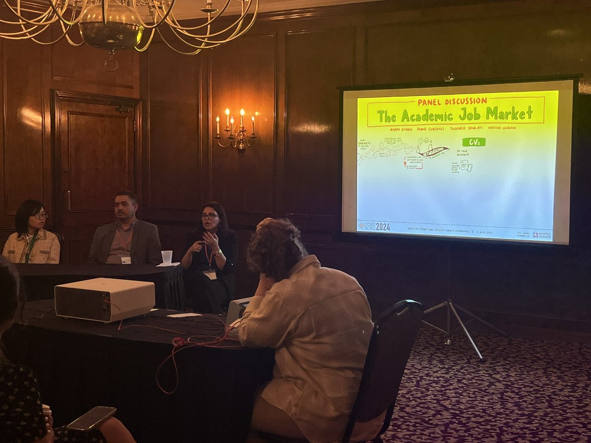 Full room at the Panel Discussion on  Academic job market at #CORS2024 and our graphic recorder busy documenting the valuable advice for our PhD students and postdocs!