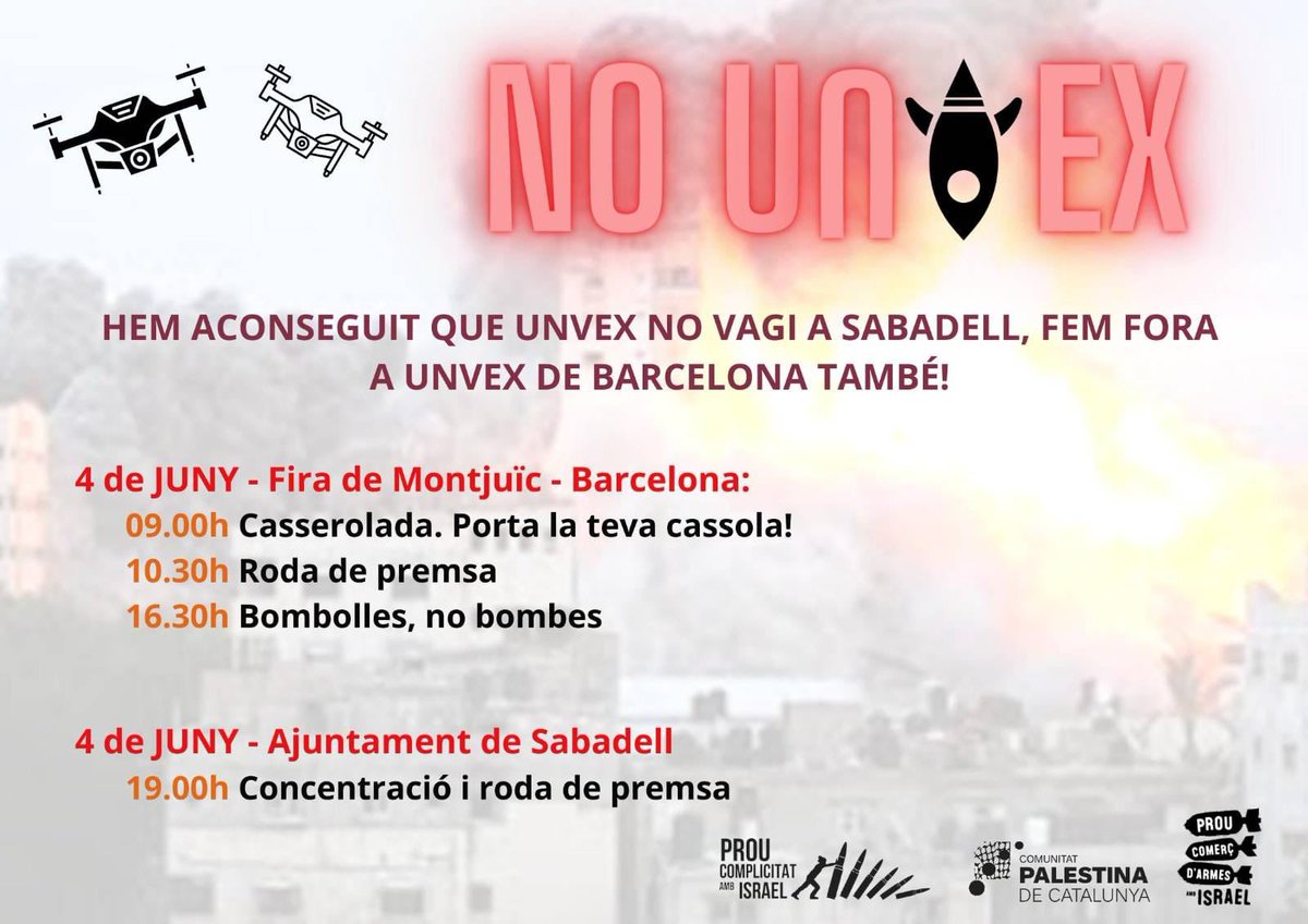 Després de saber que <a href="/unvex_/">UNVEX'24</a> no es desplaçarà a SBD, actualitzem el cartell d'activitats previstes per a demà. 

Concentrem la pressió a BCN on sí que hi tindrà lloc la fira de drons que compta amb empreses que es lucren amb el genocidi a 🇵🇸

📢 Mobilitzat, necessitem ser moltes!