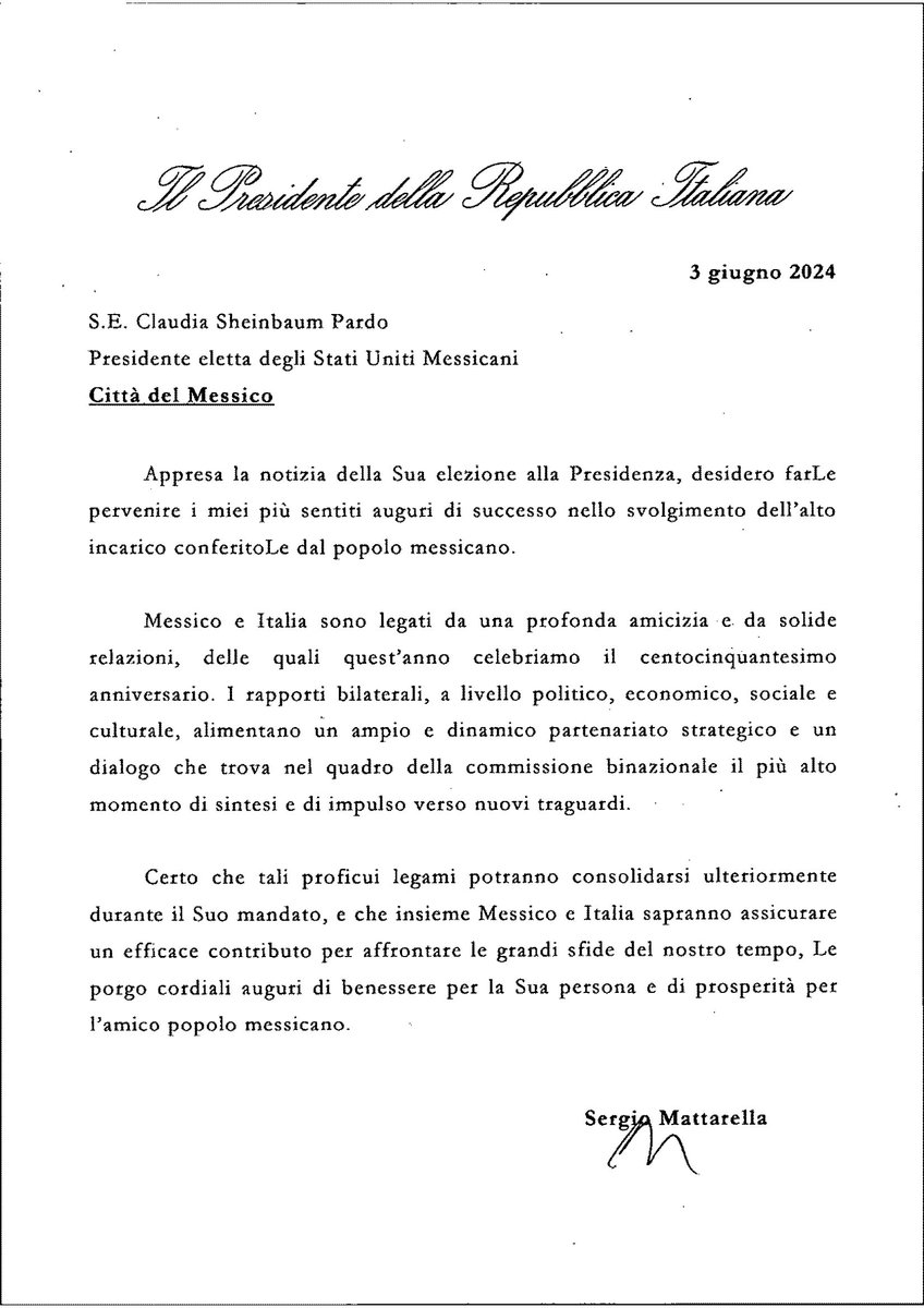 ItalyinMEX's tweet photo. El Presidente de la República italiana, Sergio Mattarella, se felicita con la Presidenta electa @Claudiashein y expresa sus mejores deseos de éxito, con la certeza que durante su mandato se consolidará aun más la profunda amistad 🇮🇹-🇲🇽.
@Quirinale @SRE_mx @ItalyMFA https://t.co/ezuY0zXzU3