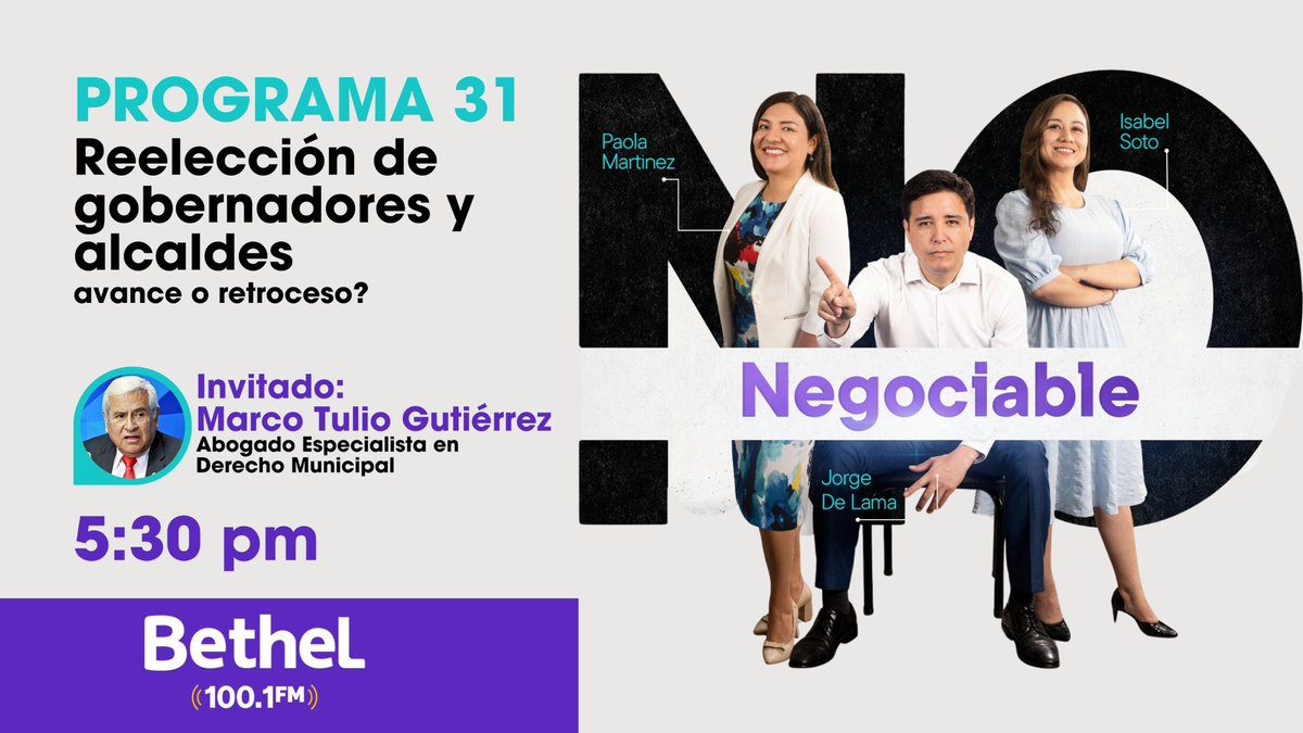 JorgeDeLama's tweet photo. 🚨 #Programa31 #NoNegociable

👉 Reelección de Gobernadores y Alcaldes
✅ Con la participación de Marco Tulio Gutiérrez; Abogado Especialista en Derecho Municipal

⏰Lunes y viernes a las 5:30 pm
📻 Bethel Radio 100.1 FM
🎙️ Con Paola Martínez, Jorge De Lama e Isabel Soto https://t.co/f6hZ67G8oC