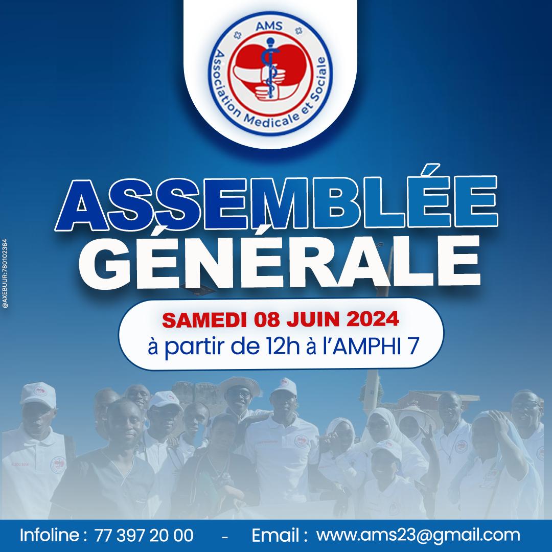 AMS2k23's tweet photo. 🚨 *L'Assistance Médico-sociale Sénégalaise (AMS) vous invite à son Assemblée Générale de renforcement qui se tiendra le samedi 08 juin 2024 à partir de 12h à l'Amphi 7 de la FMPOS. Cet événement sera l'occasion de présenter les différentes activités menées et celles du futur https://t.co/whOUrpR1U0