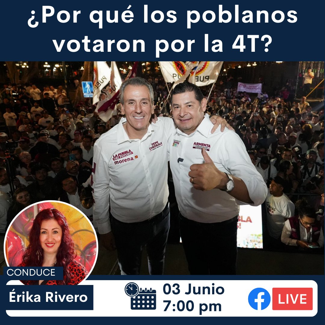 losconjuradosmx's tweet photo. ¿Por qué los poblanos votaron por la #4T?

Hoy en #LosConjurados tenemos una Mesa de análisis #PostElecciones con:

- Elías Aguilar, Director de Indicadores

- Humberto Morales, Historiador y politólogo 

⏰ En punto de las 7:00 pm 
📷 Por #FacebookLive

Conduce: Erika Rivero https://t.co/f4su0RbDnm