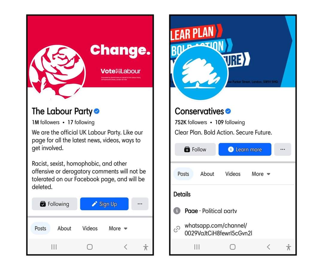 ScientistStokey's tweet image. Looks like the Conservatives want to lose this election. As a graphic design teacher, I always remind my students to consider the profile pic when designing FB covers. The Conservative slogan is hidden by their profile pic 🤦‍♂️ 

#GeneralElection24
#designfail @JEGullisnotMP