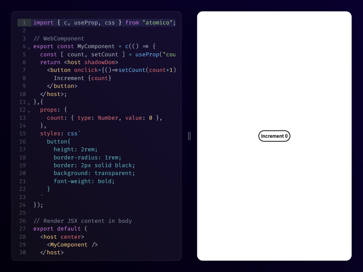 atomicojs's tweet image. Explore our small playground created for @Atomicojs, perfect for small #webcomponent demos.
play.atomicojs.dev
