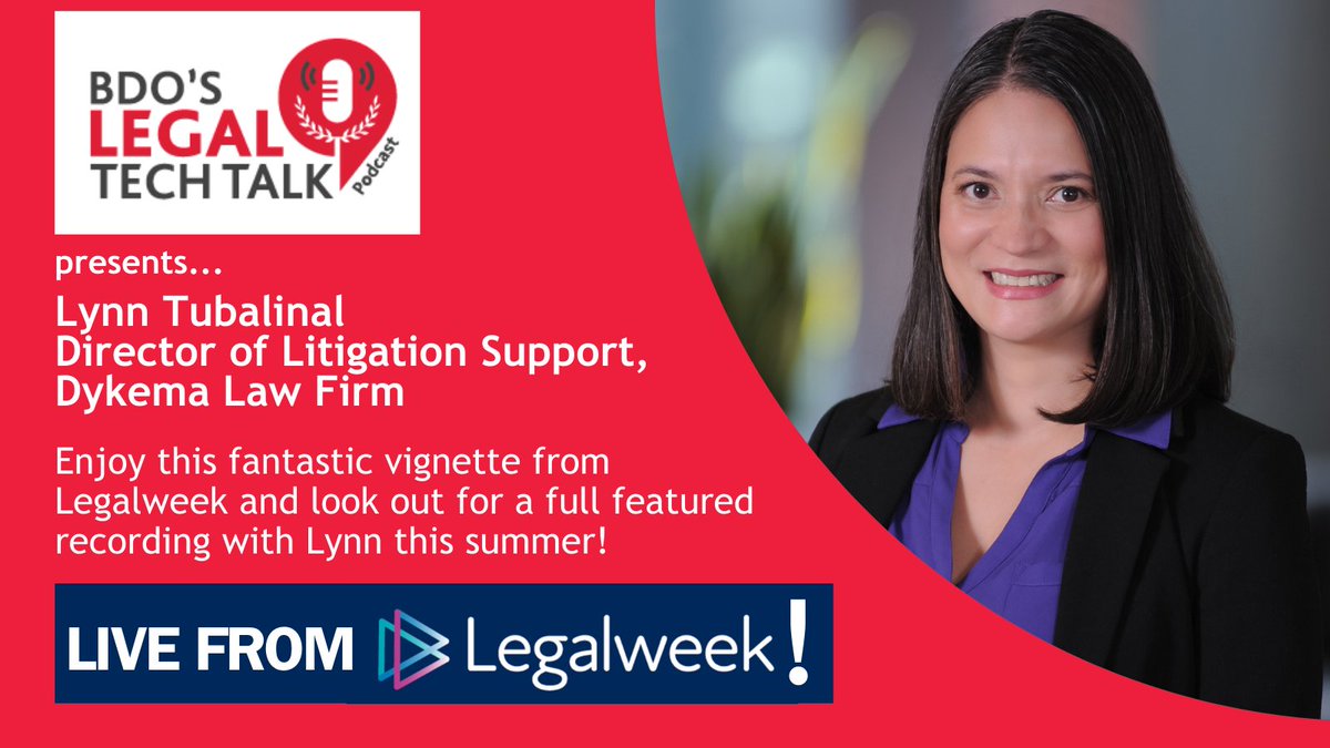 🎙️ Don't Miss the Next Episode of <a href="/BDO_USA/">BDO USA</a>'s #LegalTechTalk #Podcast! 🎙️
We welcome Lynn Tubalinal, Dir of Lit Support at <a href="/Dykema/">Dykema</a> law firm at #LegalWeek for this awesome conversation on #AI and #legalprofessionals🔗 Listen in! bdo.com/insights/advis…