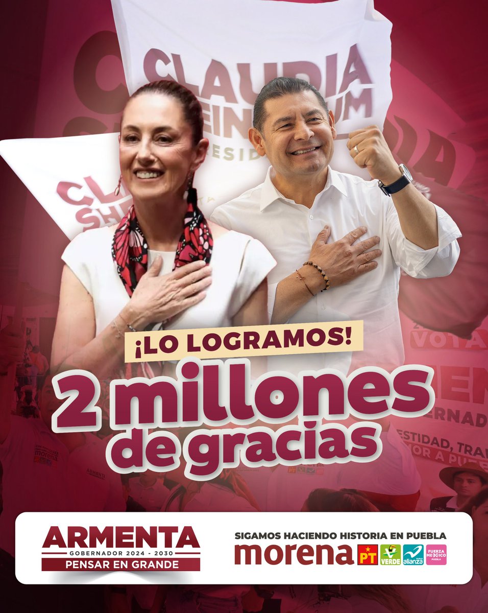 armentapuebla_'s tweet photo. 🫶🏼🗳️ ¡2 millones de gracias! Este domingo Puebla tuvo una jornada electoral histórica en la que se consolidó el segundo piso de la transformación. Que se escuche fuerte y claro: ¡tenemos presidenta de México!

📣🙌🏼 ¡Que viva la Dra. @Claudiashein! 👏🏼👏🏼🇲🇽 https://t.co/R9QyA0iA2b