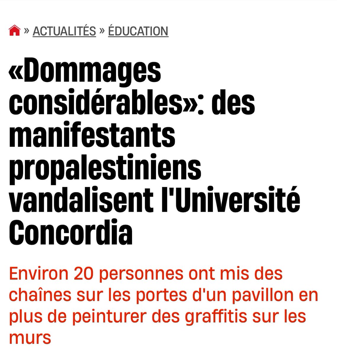 CIJAQC's tweet photo. La @FederationCJA et le Centre consultatif des relations juives et israéliennes (CIJA) sont outrés par une nouvelle manifestation haineuse et violente sur un campus universitaire montréalais, celui de Concordia, aujourd'hui 3 juin 2024.

@YSzlak, président-directeur général de la Fédération CJA, a pu faire la déclaration suivante :

Ce matin, des manifestants radicaux pro-Hamas ont perturbé le campus du centre-ville de l'Université Concordia, en prenant le contrôle, bien que brièvement, en vandalisant un bâtiment et en forçant les étudiants et le personnel à se mettre à l'abri. La situation devient incontrôlable.

La semaine dernière, le président Carr a témoigné lors des audiences du Comité permanent sur la justice de la montée de l'antisémitisme sur le campus de Concordia. La journée d'aujourd'hui a prouvé que cette tendance n'est pas près de s'arrêter. Cet acte d'intimidation contre l'Université et ses étudiants, juifs et non juifs, ne doit pas rester impuni. Même si les manifestants étaient masqués, les responsables de l'université savent parfaitement à qui ils ont affaire.

L'absence d'action décisive de la part de la direction de Concordia a favorisé une atmosphère dans laquelle la haine des Juifs est normalisée et l'antisémitisme omniprésent. Personne ne devrait être choqué de savoir pourquoi nous en sommes arrivés là. Manque de leadership.

@ecijaq, vice-présidente Québec du CIJA, a publié la déclaration suivante :

Ce matin, des radicaux masqués ont manipulé la cause palestinienne pour diffuser leur message d'anarchie et de haine des Juifs. Une fois de plus, ceux qui glorifient le terrorisme s'en sont tirés avec leurs actes destructeurs et nuisibles, et une fois de plus, notre communauté doit affronter une nouvelle semaine dans la peur. C'est un scandale.

Alors que le campement de McGill continue d'agir comme un aimant pour l'antisémitisme et que les brutes de l'UQAM se livrent à un comportement encore plus hostile, les autorités doivent sévir contre ces criminels. Il est grand temps de rétablir la sécurité et l'ordre sur le campus. Trop c'est trop !

------

Federation CJA and the Centre for Israel and Jewish Affairs (CIJA) are outraged by yet another hateful and violent demonstration on a Montreal university campus, Concordia, today, June 3, 2024.

Yair Szlak, President and CEO of Federation CJA, made the following statement:

This morning, radical pro-Hamas demonstrators disrupted Concordia University's downtown campus, taking over, albeit briefly, vandalizing a building, and forcing a shelter in place. This is has gotten out of hand.

Last week, President Carr testified at the Justice committee hearings about the rise of antisemitism on Concordia's campus. Today proved that this trend is not about to stop. This act of intimidation against the University and its students, both Jewish and non-Jewish, must not go unpunished. Even if the protesters were masked, university officials are well aware of who they are dealing with.

The lack of decisive action by university leadership has fostered an atmosphere where Jewish hate is normalized and antisemitism is pervasive. No one should be shocked as to why we got here. Lack of leadership.

Eta Yudin, CIJA Vice-President Quebec, issued the following statement :

This morning, masked radicals manipulated the Palestinian cause to spread their message of anarchy and Jew-hatred. Once again, those who glorify terrorism have gotten away with their destructive and harmful acts, and once again our community must face another week in fear. This is an outrage.

While the McGill encampment continues to act as a magnet for antisemitism and the bullies at UQAM are engaging in even more hostile behaviour, authorities must crack down on these criminals. It is long past time that safety and order are restored on campus. Enough is enough!

#polqc #polmtl #polcan #assnat #antisémitisme #concordia #uqam #mcgill

https://t.co/djcE9GC977