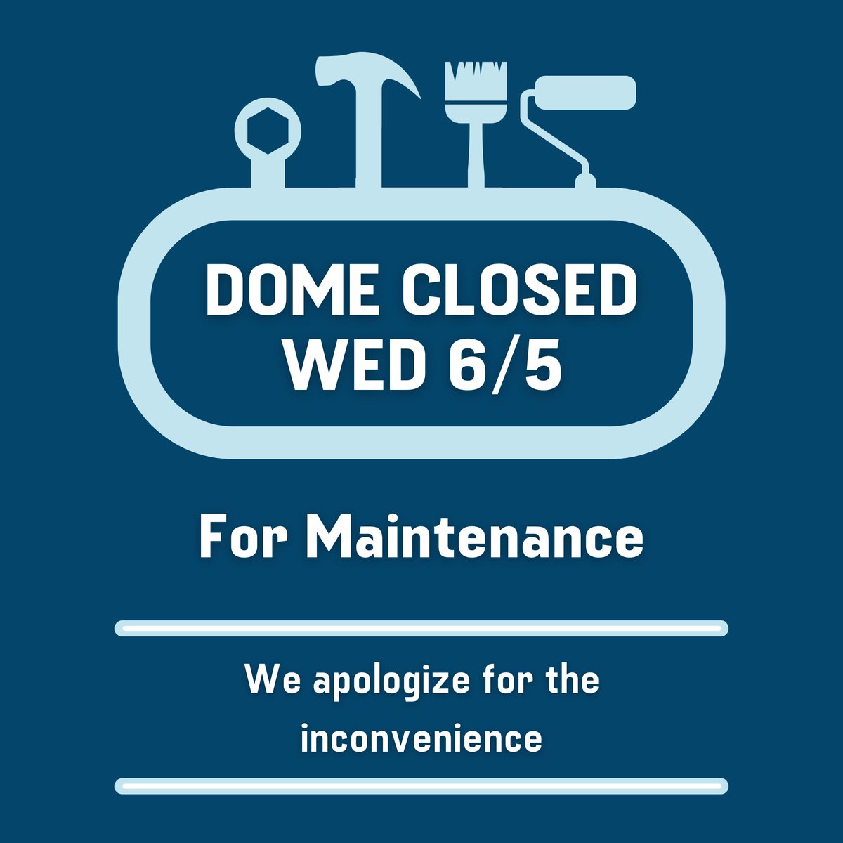 OasisGolfCenter's tweet photo. The dome will be closed this Wednesday, June 5th for maintenance. The outdoor range and miniature golf course will be open during our usual business hours (weather permitting). https://t.co/DFBylWMvOk