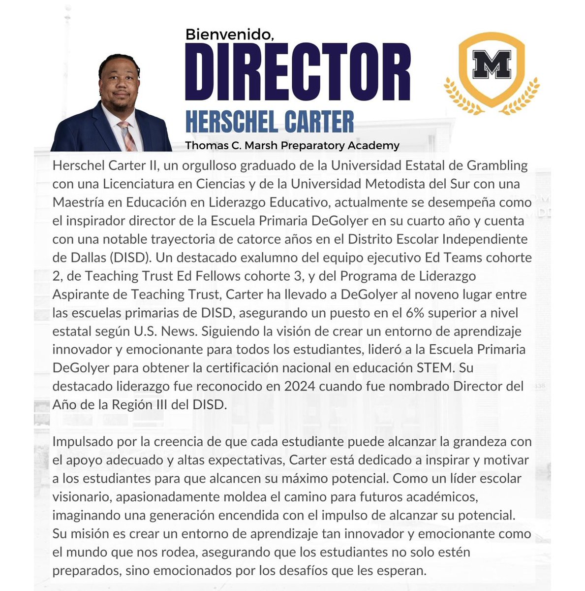 wtwhitefp's tweet photo. Welcome our new Marsh principal, Herschel Carter! We’re excited to have you lead, making the jump from DeGolyer Elementary! 🎉 https://t.co/iEYqcyU6RB