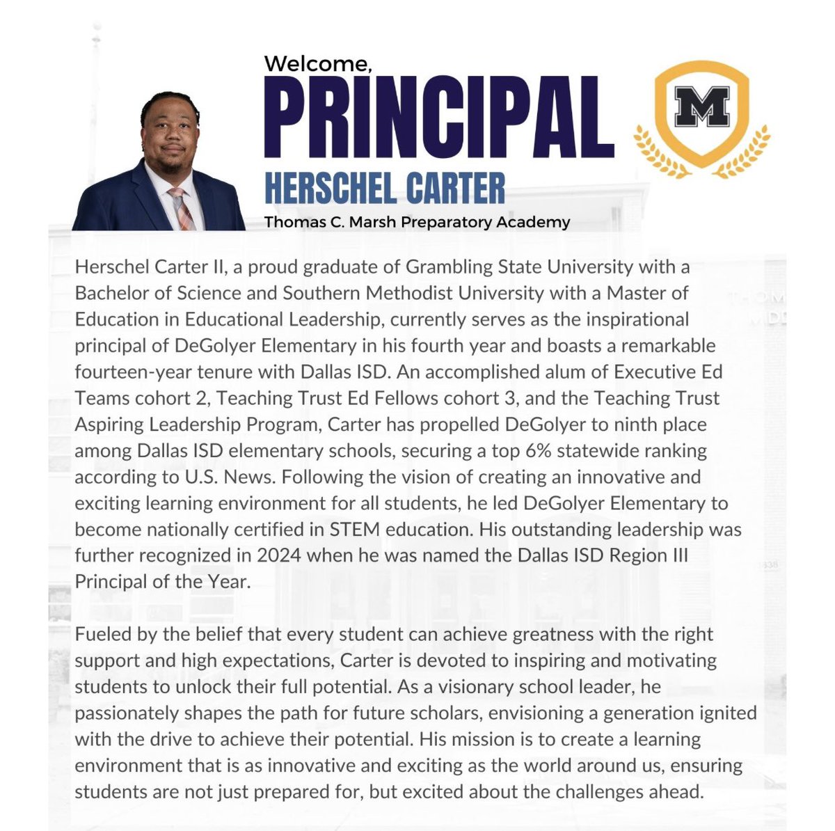 wtwhitefp's tweet photo. Welcome our new Marsh principal, Herschel Carter! We’re excited to have you lead, making the jump from DeGolyer Elementary! 🎉 https://t.co/iEYqcyU6RB