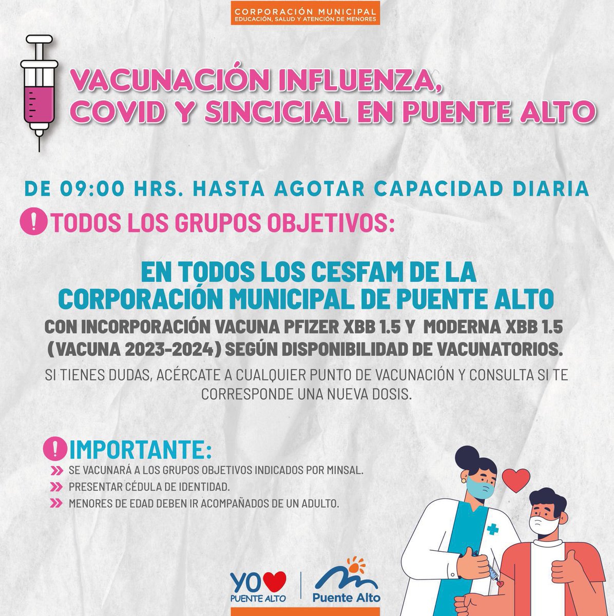 VACUNACIÓN INFLUENZA, COVID Y SINCICIAL #PuenteAlto

Grupos objetivos para vacunas contra Influenza, COVID-19 y virus Sincicial según calendario del Ministerio de Salud.

Revisar en
minsal.cl