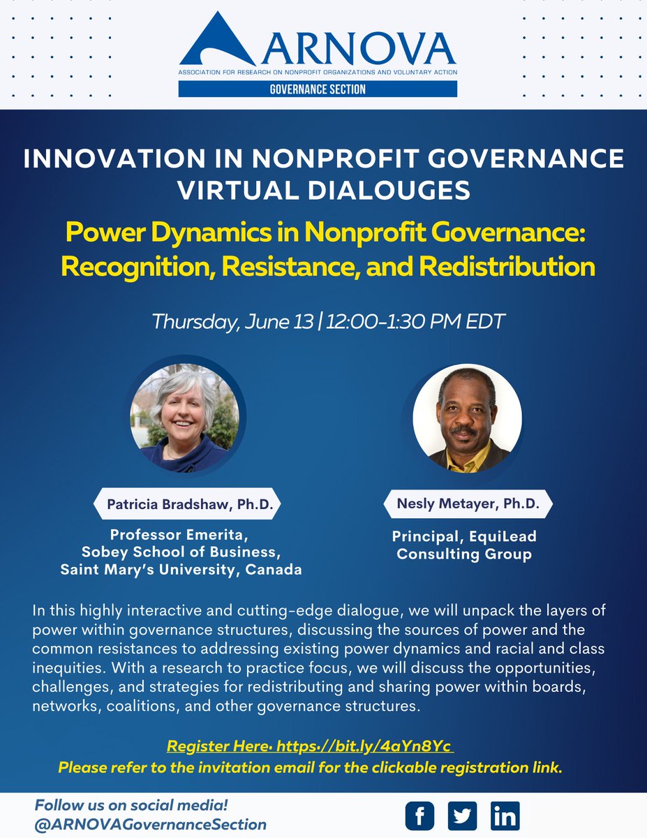 ARNOVA Governance Section (@arnovagov) on Twitter photo π’ We are thrilled to host another dialogue this June! Join us next week for a conversation about power dynamics in nonprofit governance.
Register today: bit.ly/3xX685R
<a href="/ARNOVA/">ARNOVA</a> <a href="/CriticalARNOVA/">ARNOVA Critical Perspectives Section</a> <a href="/ARNOVA_ESS/">ARNOVA Early Scholars</a> <a href="/MessageStrategy/">ARNOVA Message Strategy Common Interest Group</a> <a href="/TIBS_ARNOVA/">This profile has been discontinued</a> <a href="/NpffmA/">NPFFM_ARNOVA</a> π’ We are thrilled to host another dialogue this June! Join us next week for a conversation about power dynamics in nonprofit governance.
Register today: bit.ly/3xX685R
<a href="/ARNOVA/">ARNOVA</a> <a href="/CriticalARNOVA/">ARNOVA Critical Perspectives Section</a> <a href="/ARNOVA_ESS/">ARNOVA Early Scholars</a> <a href="/MessageStrategy/">ARNOVA Message Strategy Common Interest Group</a> <a href="/TIBS_ARNOVA/">This profile has been discontinued</a> <a href="/NpffmA/">NPFFM_ARNOVA</a>