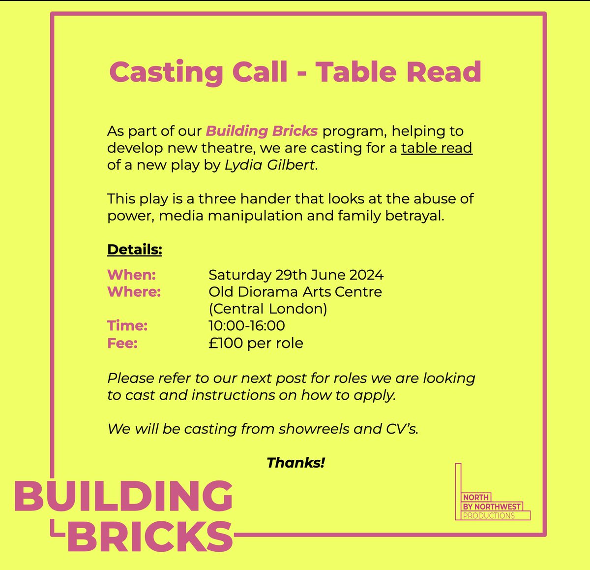 NorthByNWPro's tweet photo. CASTING CALL - Table Read! 📣📣
Please check out the post for more details on our recent casting. Deadline Mon 10th June. Thanks! 
#castingcall #casting #theatre #stage #tableread #actors #uk #london #newwriting https://t.co/Y8Y0FIUMur