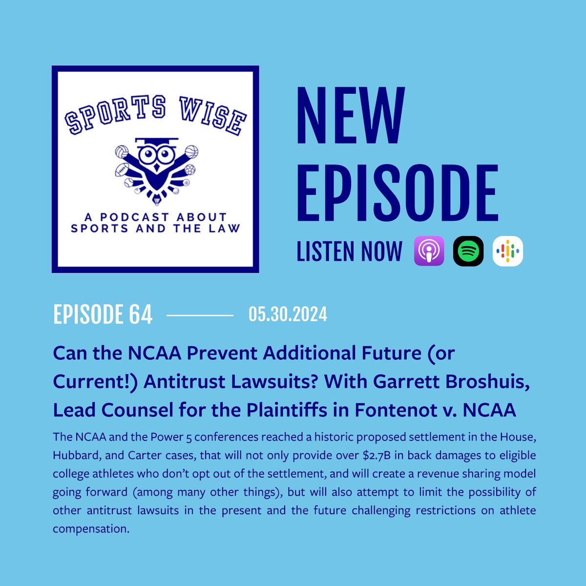NEW 🚨🎙️ SportsWise Ep. 64: <a href="/TulaneSportsLaw/">Tulane Sports Law</a> director &amp; CFS co-director @sportslawguy is joined by <a href="/broshuis/">Garrett Broshuis</a>, Lead Counsel for the Plaintiffs in Fontenot v. NCAA, to discuss the NCAA and Power 5 conferences historic proposed settlements. ➡️ apple.co/4aJxkmd
