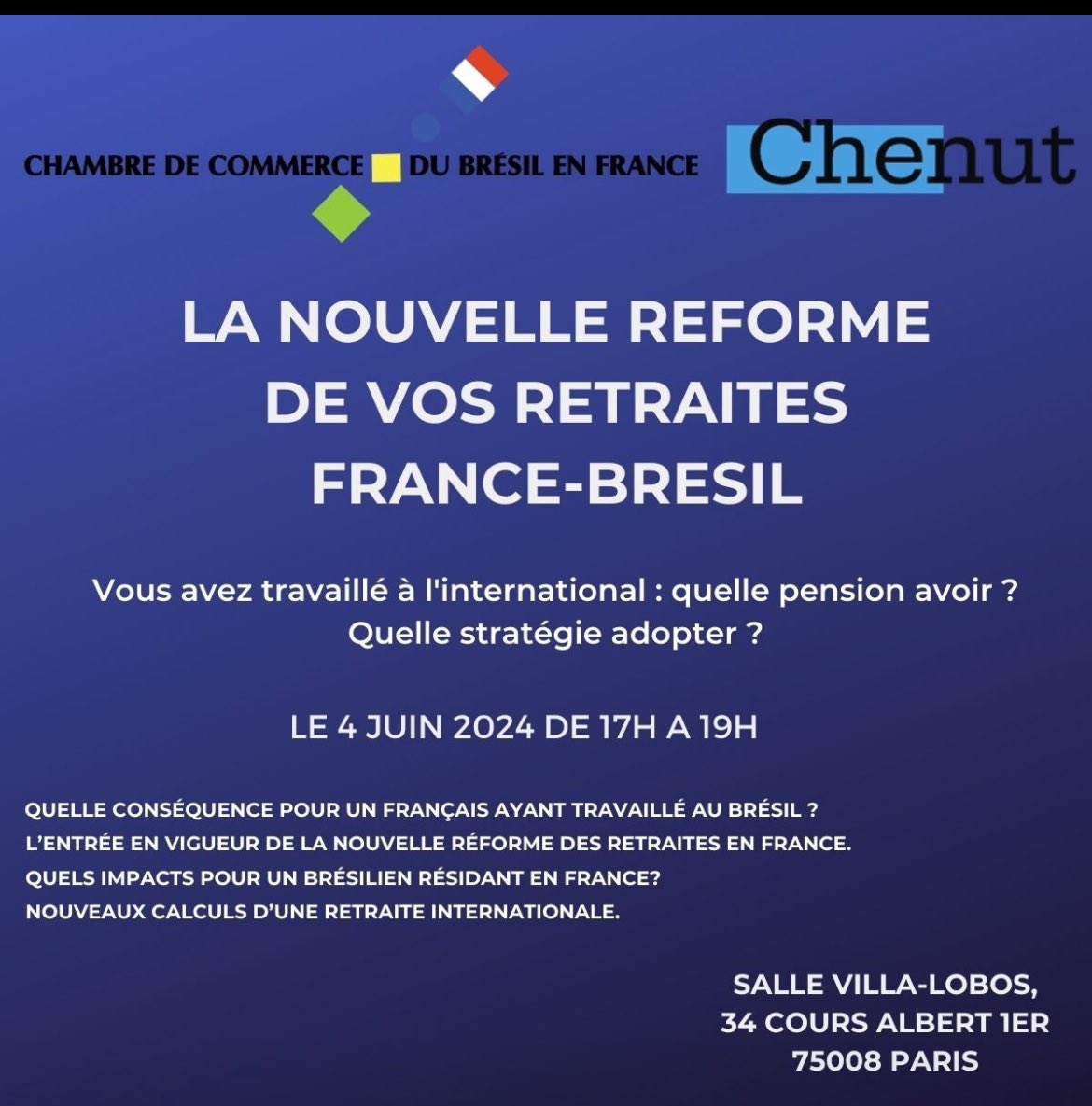 Demain retrouvons nous à la <a href="/CCI_inter/">CCI International</a> à Paris pour parler de la retraite France-Bresil de 17h à 19h. Inscription obligatoire sur ce lien 👇🏼

lnkd.in/eN8DkizA 🇧🇷🇧🇷🇧🇷 #Bresil #retraites