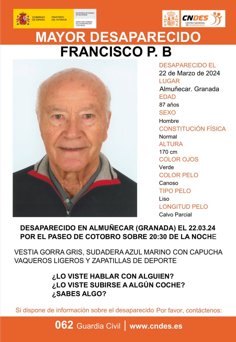 Sigue desaparecido, si alguien vio algo llame a la guardia civil🆘 DESAPARECIDO 📷 Persona vulnerable #desaparecido #sosdesaparecidos #Missing #España #Almuñécar #Granada
<a href="/sosdesaparecido/">ALERTA DESAPARECIDOS</a>

<a href="/Angelestrrs_/">Angeles</a>

<a href="/persanfra/">Francisco Perez</a>

<a href="/Angelaperezt_/">:(:</a>

<a href="/presidenteagcs/">Guardias Civiles Solidarios AGCS🎖</a>

<a href="/yolanda_casares/">Yolanda Casares Alcalá</a>