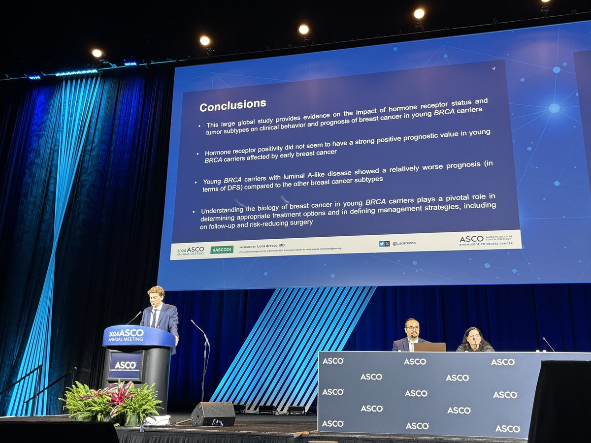 What a fantastic work by @Lucarecco from @UniGenova @SanMartino_Ge in presenting at #ASCO24 the results of an interesting analysis on impact of hormone receptor status in the #BRCA BCY collaboration…so proud of you ❤️ @OncoAlert #bcsm @ASCO