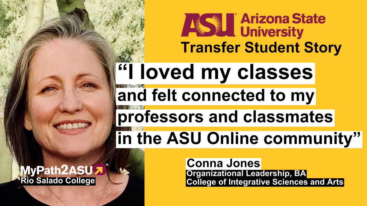 MyPath2ASU® (@mypath2asu) on Twitter photo 🎓 Congrats to Conna on graduating from <a href="/ASU/">Arizona State University</a>!
She transferred from <a href="/RioSaladoOnline/">Rio Salado College</a> to <a href="/CISAASU/">CISAASU</a> majoring in Organizational Leadership, with MyPath2ASU! 🚀
🔗 Discover 400+ ASU pathways. Start your journey with #MyPath2ASU today! 🎓 Congrats to Conna on graduating from <a href="/ASU/">Arizona State University</a>!
She transferred from <a href="/RioSaladoOnline/">Rio Salado College</a> to <a href="/CISAASU/">CISAASU</a> majoring in Organizational Leadership, with MyPath2ASU! 🚀
🔗 Discover 400+ ASU pathways. Start your journey with #MyPath2ASU today!