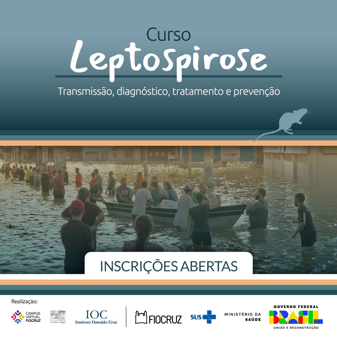 A Fiocruz acaba de lançar o curso ‘Leptospirose — Transmissão, diagnóstico, tratamento e prevenção’.

✔️On-line, ✔️gratuita, ✔️autoinstrucional e com ✔️carga horária de 30h, a formação é voltada para profissionais de saúde e estudantes, mas pode ser feita por qualquer pessoa
