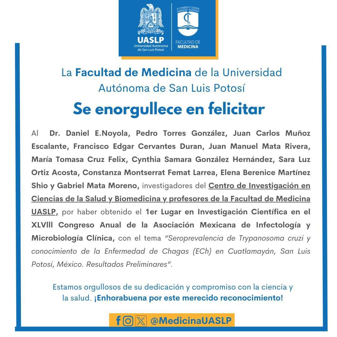 Facultad de Medicina (@medicinauaslp) on Twitter photo ¡Felicitamos al <a href="/CICSaB/">CICSaB UASLP</a> y a los profesores de la Facultad de Medicina de la #UASLP participantes en el XLVIII Congreso Anual de la Asociación Mexicana de Infectología y Microbiología Clínica por obtener el 1er Lugar en Investigación Científica! 🎉👏
#CongresoAMIMC #OrgulloUASLP ¡Felicitamos al <a href="/CICSaB/">CICSaB UASLP</a> y a los profesores de la Facultad de Medicina de la #UASLP participantes en el XLVIII Congreso Anual de la Asociación Mexicana de Infectología y Microbiología Clínica por obtener el 1er Lugar en Investigación Científica! 🎉👏
#CongresoAMIMC #OrgulloUASLP