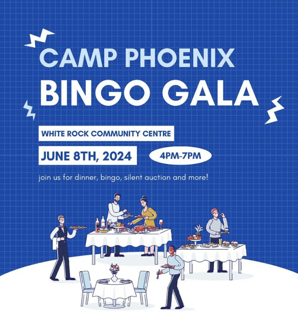 Join us for our Bingo Night on June 8th, 2024, at White Rock Community Centre! 🌟 Help raise donations for Camp Phoenix, providing a 5-day sleepaway camp for kids aged 8-12. #BCYP  #CampPhoenix #youthservingyouth