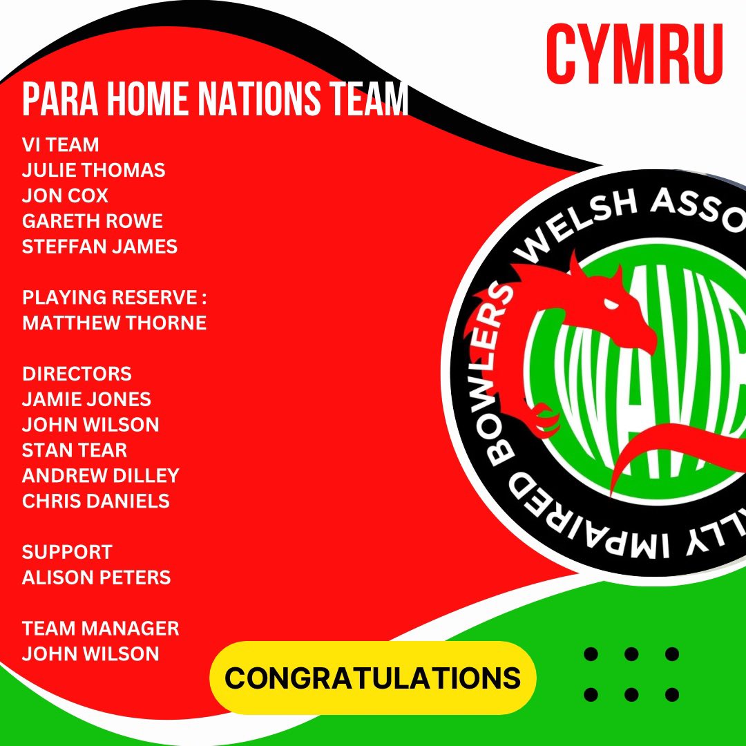 WelshVIBowls's tweet photo. The Para Home Nations takes place 28-30 June at NorthField Bowling Centre, Ayr.

Para Bowls Co ordinator &amp; Team Manager John Wilson is delighted to announce the team for this event following the relevant selection process. 

Congratulations to all those selected 👏👏👏 https://t.co/kCOwSbk5V8