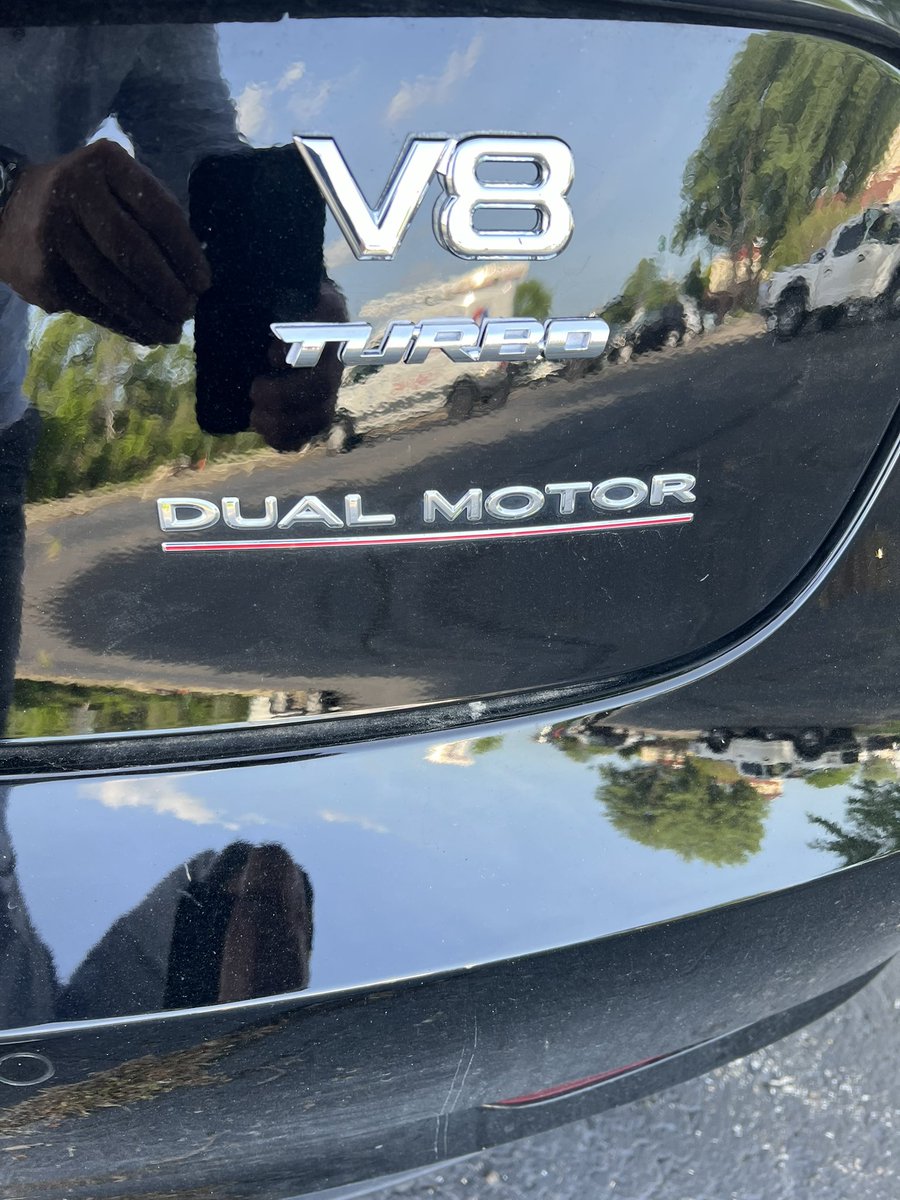BettsBrad's tweet photo. @elonmusk   Adding some simple stickers sure does confuse many people.  When they ask I answer. Yes it is fast and no you don’t need gas. But it is a Turbo and a V8.  #tesla https://t.co/kJmGjW9yYU