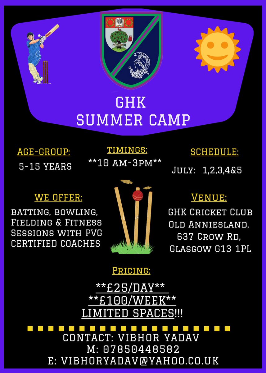 GHK Cricket Club (@ghkcricketclub) on Twitter photo SUMMER CAMP | Get the kids involved. Well planned and structured Cricket Summer Camp with Club Coach Vibhor Yadav. <a href="/GHKRFC/">GHK Rugby</a> <a href="/GhkHurricanes/">@GHK_Hurricanes</a> <a href="/ghkminis/">GHKminis</a> <a href="/GHKLadies/">GHK Ladies Hockey Club</a> <a href="/HSofG/">The High School of Glasgow</a> SUMMER CAMP | Get the kids involved. Well planned and structured Cricket Summer Camp with Club Coach Vibhor Yadav. <a href="/GHKRFC/">GHK Rugby</a> <a href="/GhkHurricanes/">@GHK_Hurricanes</a> <a href="/ghkminis/">GHKminis</a> <a href="/GHKLadies/">GHK Ladies Hockey Club</a> <a href="/HSofG/">The High School of Glasgow</a>