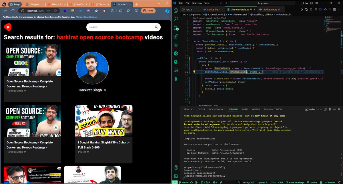 tskishan3000's tweet image. 🚀 Completed Days 1 &amp;amp; 2 of @kirat_tw  Open Source Bootcamp!

- 🌟 Created first Dockerfile for YouTube clone, running smoothly on localhost.

- 📅 Explored Docker Engine, Hub, and Compose.

- 💡 Next: hands-on Docker commands, networking.

#OpenSourceBootcamp  #Docker #100xDevs