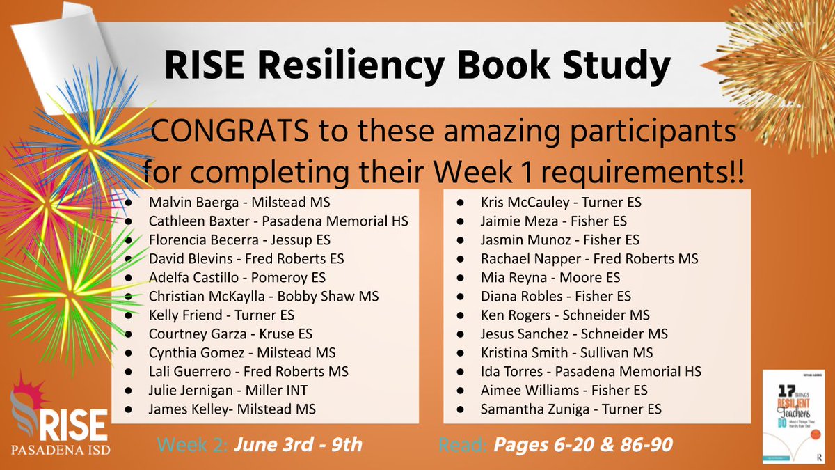 PISD_RISE's tweet photo. Congrats to this HUGE list of scholars for finishing their week 1 requirements! Our @PasadenaISD_TX educators are making waves and showing their resilient growth mindset. #pisdRISEchat #resilienteducators #resiliency #scholarlearners #puttinginthework 💪💪 https://t.co/g9BBM4kViC