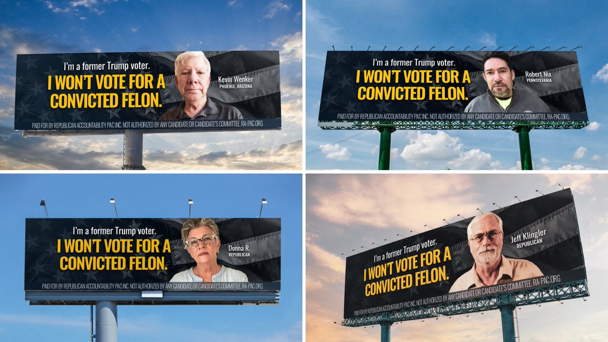 AccountableGOP's tweet image. NEW BILLBOARDS are live in Arizona, Michigan, Pennsylvania, and Wisconsin featuring Republican Voters Against Trump:

“I’m a former Trump voter. I won’t vote for a convicted felon.”