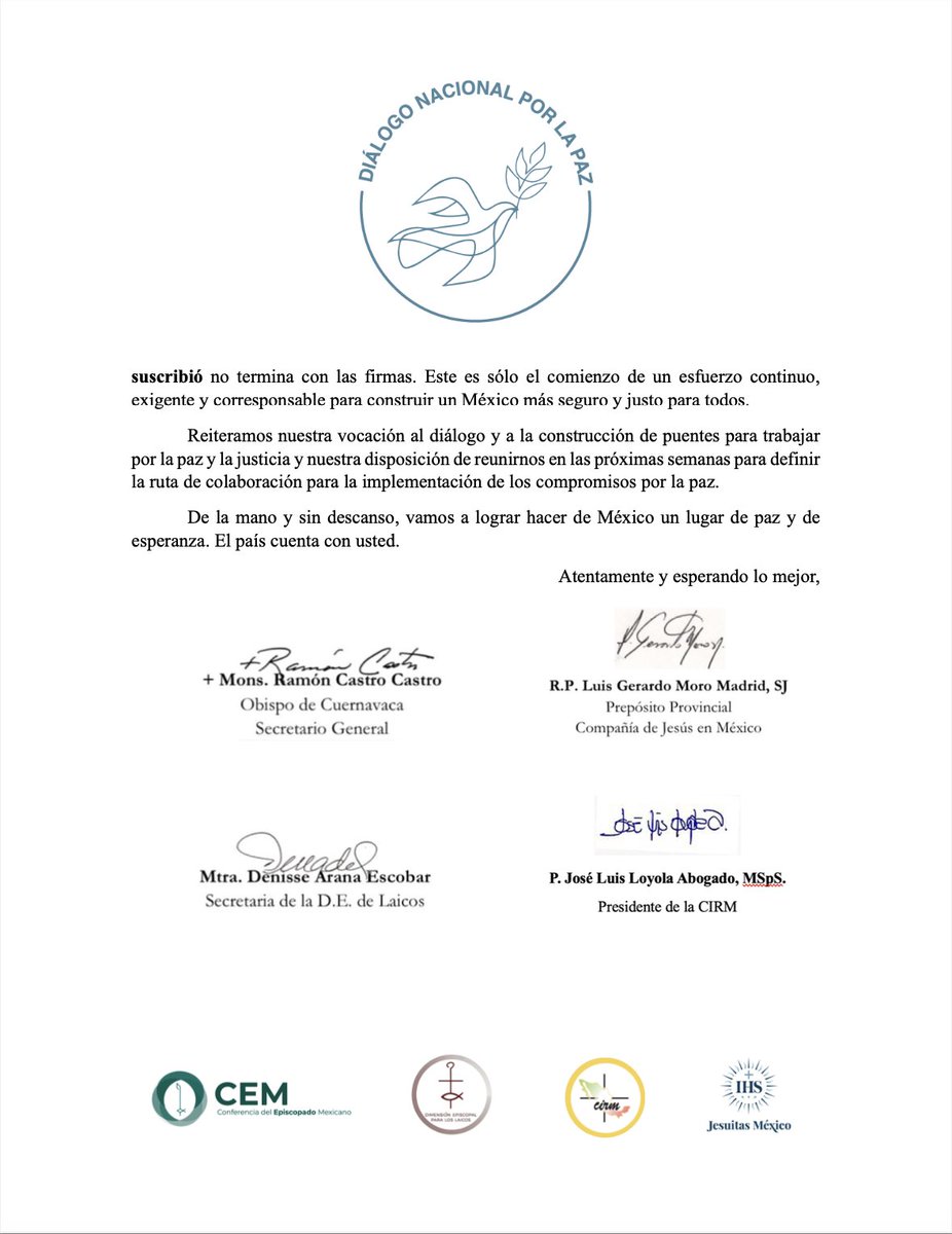 📍“Dra. Sheinbaum, queremos felicitarle por el triunfo en las elecciones. Reiteramos nuestra vocación al diálogo y a la construcción de puentes para trabajar por la #paz y la justicia, y nuestra disposición de reunirnos en las próximas semanas para definir la ruta de colaboración