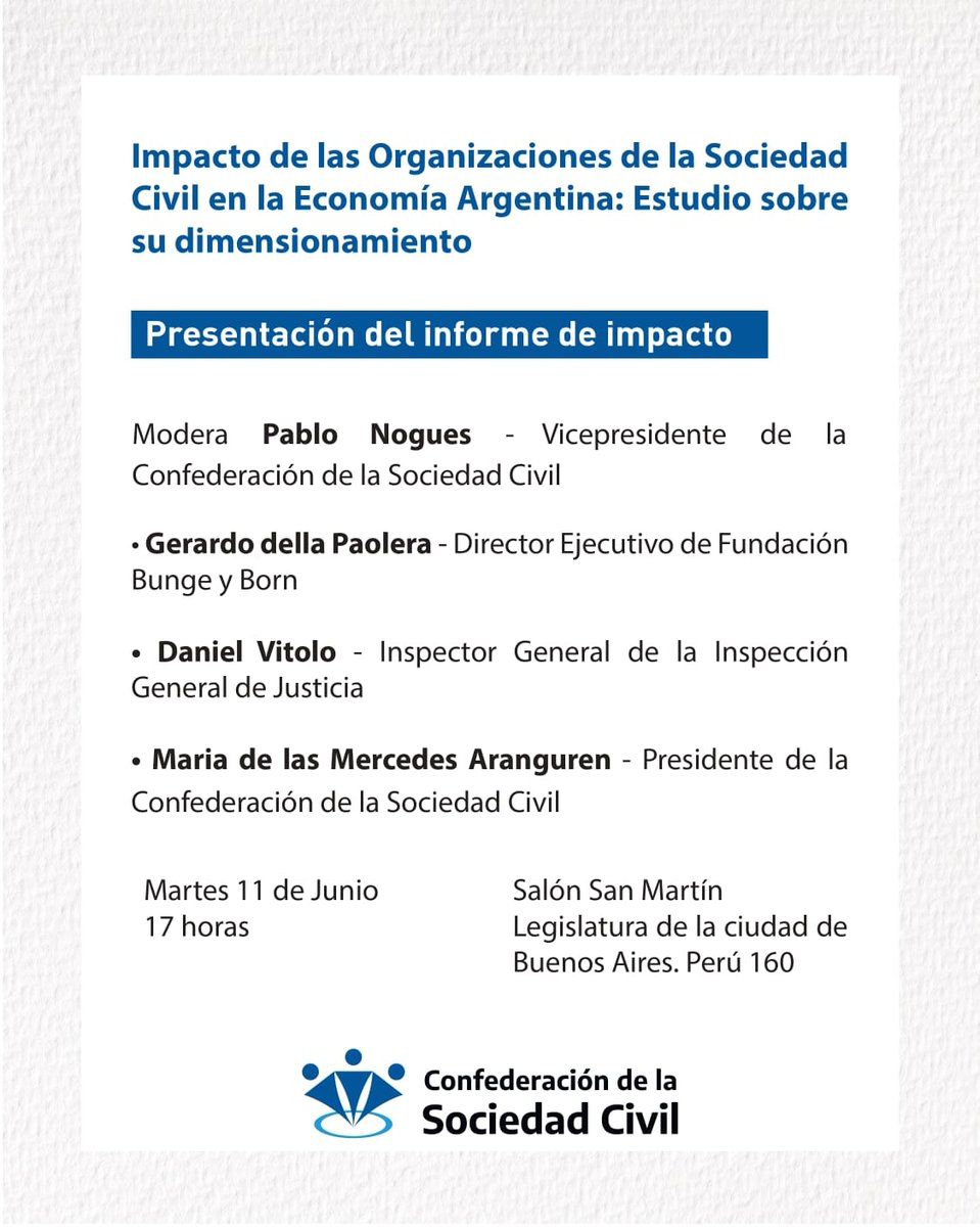 La Comisión Directiva de la Confederación de la Sociedad Civil de la República Argentina presenta su Informe y te invita a que seas parte.
Actividad gratuita con inscripción previa en el siguiente link. ¡Asegurá tu lugar!: bit.ly/Dimensionamien…