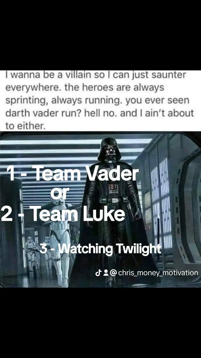 ChrisZRN's tweet photo. @santamonicafan  Something about that walk and owning the room. Maybe that's just me 🤔 
Who are you choosing?

1. Team Vader
 or 
2. Team Skywalker 

3 - I'm watching Twilight - I don't watch Star Trek

Follow for info on #AffiliateMarketing #DigitalProducts  #MakingMoney https://t.co/1ezf3pLs1p