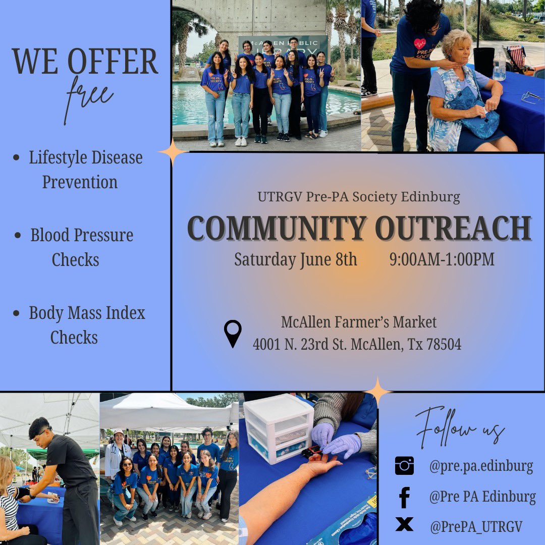 PrePA_UTRGV's tweet photo. Hi Pre-PA members! Just because it’s summer doesn’t mean there aren’t any volunteer opportunities! Our farmers market community outreach is happening this Saturday from 9am-1pm! We hope to see y’all there 🧡🩺 https://t.co/5WPXl97WxI