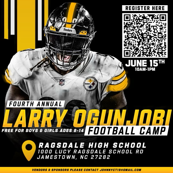 Larry Ogunjobi Football Camp, which will take place on June 15th from 10-1. The camp is open to individuals ages 8-14 and will be held at the RHS football field. The camp is free of charge as Larry, current member of the Pittsburgh Steelers, generously gives back to the community