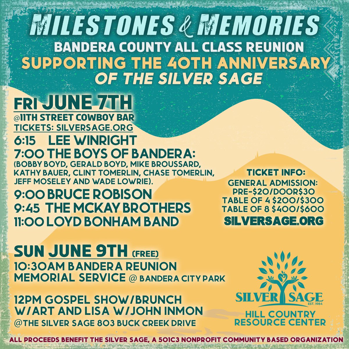 Bruce Robison (@brucerobison) on Twitter photo First Town Dance at <a href="/backbonetavern/">Devils Backbone Tavern</a> was a blast - See you 7/7!
This Friday June 7th - Silver Sage is a really great cause and happy to be playing a few of my songs and a few of Charlie's with a band of old Bandera friends. 40 year class reunion - where did the time go? First Town Dance at <a href="/backbonetavern/">Devils Backbone Tavern</a> was a blast - See you 7/7!
This Friday June 7th - Silver Sage is a really great cause and happy to be playing a few of my songs and a few of Charlie's with a band of old Bandera friends. 40 year class reunion - where did the time go?