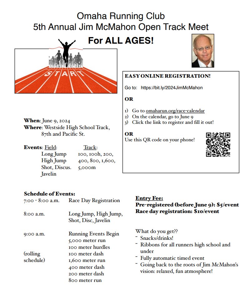 Please see information about the Jim McMahon Memorial Track meet this weekend.  It is a relaxed atmosphere and a fun opportunity to compete in some track races outside of Fremont!  Register at the link:  bit.ly/2024JimMcMahon