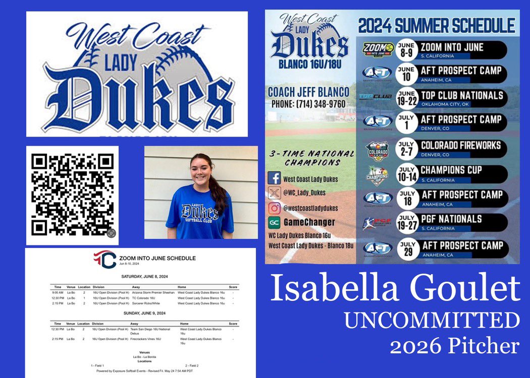 Come see us this weekend at Zoom into June Schedule for this weekend and our summer below: <a href="/KristinaMcSwee6/">Kristina McSweeney</a> <a href="/JoshBertke/">Josh Bertke</a> <a href="/AdamsStateSBall/">Adams State University Softball</a> <a href="/colomesasb/">ColoMesaSOFTBALL</a> <a href="/Coach_Jo_Evans/">Jo Evans</a> <a href="/stef_ewing/">Stef Ewing</a> <a href="/coach_pilk/">Adrian Pilkington</a> <a href="/TexasTechSB/">Texas Tech Softball</a> <a href="/UtahTech_SB/">Utah Tech Softball</a> <a href="/UTEPSoftball/">UTEP Softball</a> <a href="/UHCougarSB/">Houston Softball</a> <a href="/FPUSoftball_/">FPU Softball</a> @WCdukes16U