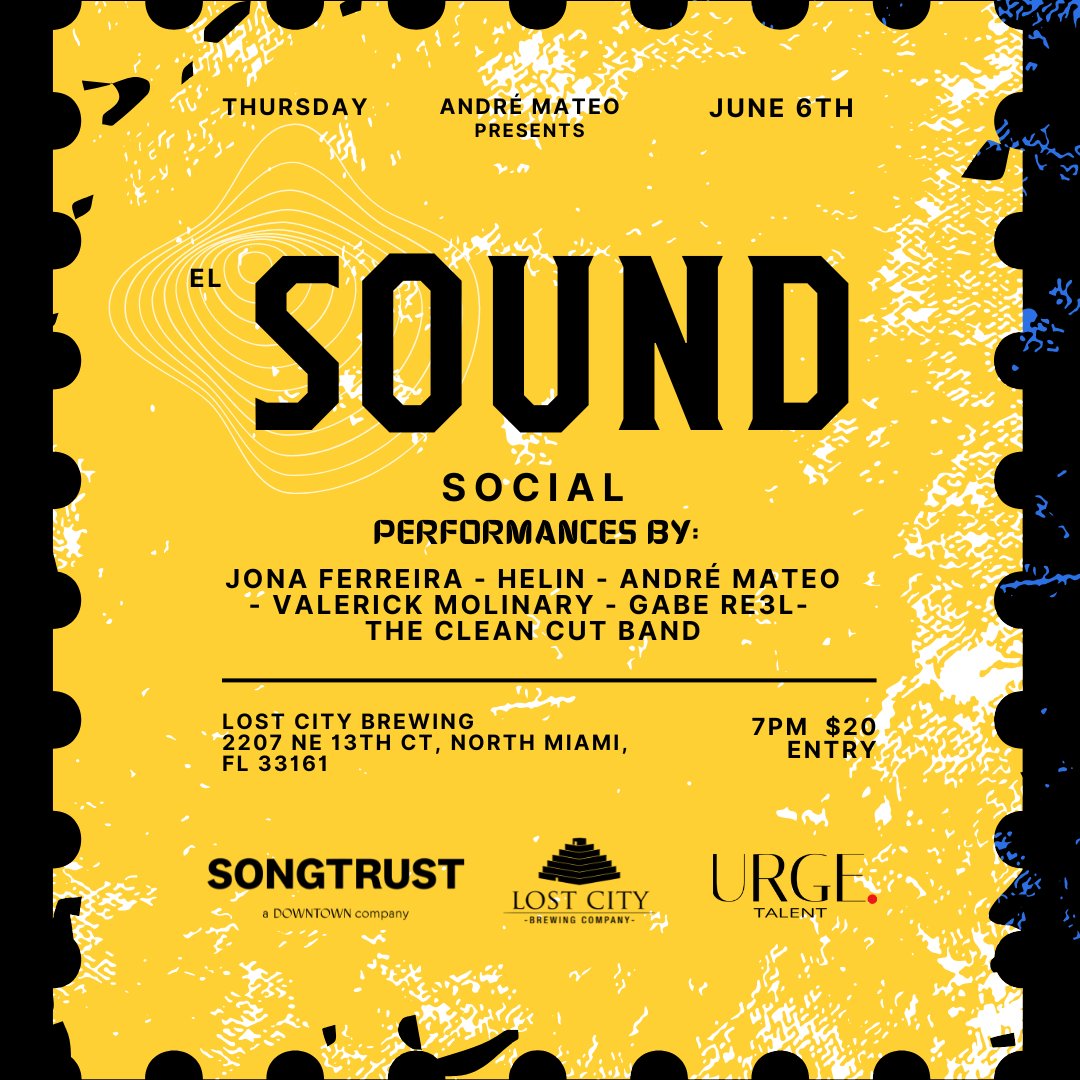 songtrust's tweet photo. Join us at Lost City Brewing in Miami for El Sound Social, an exciting artist showcase this Thursday. Support emerging Miami talent, network with fellow artists and music professionals like @_AndreMateo. 😎 Reserve your ticket here: https://t.co/DIV3zyBhn2 https://t.co/BfhGhPu4l9