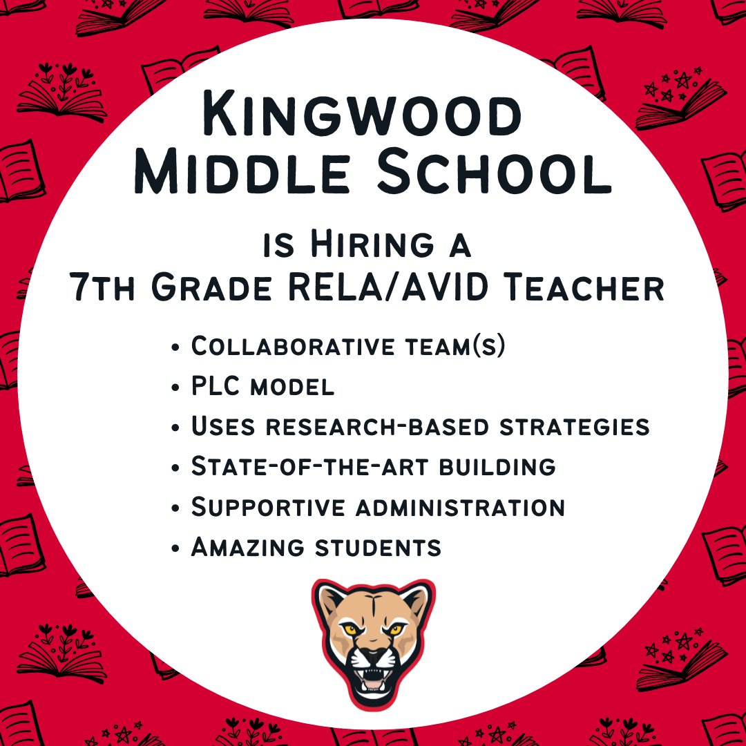 Join our dedicated team at Kingwood Middle School as a 7th grade RELA/AVID teacher! Inspire and guide young readers to success in a supportive and dynamic learning environment. DM, email, or apply online at bit.ly/KMSJobs2024 #KMSCougarPride🐾